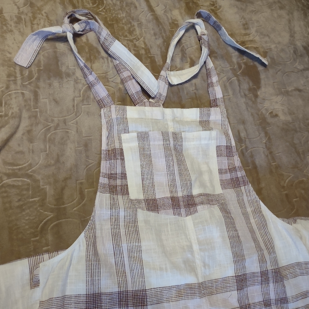 Aerie romper/overalls. Tan, cream, and lavender plaid